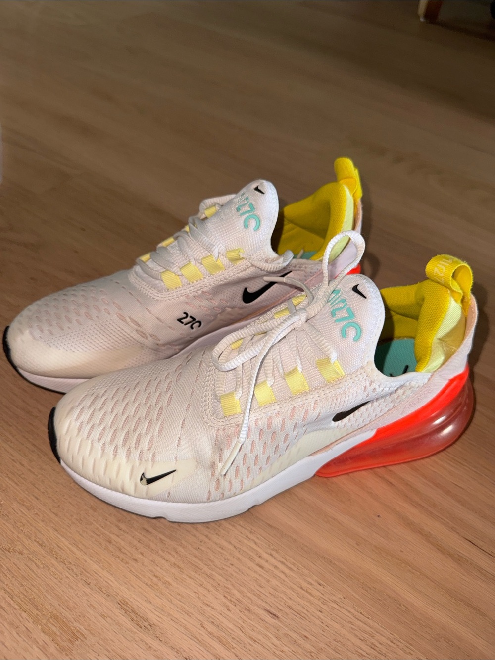 Nike White 270 Air Cushion Sneakers with Red Heel and Yellow Accents